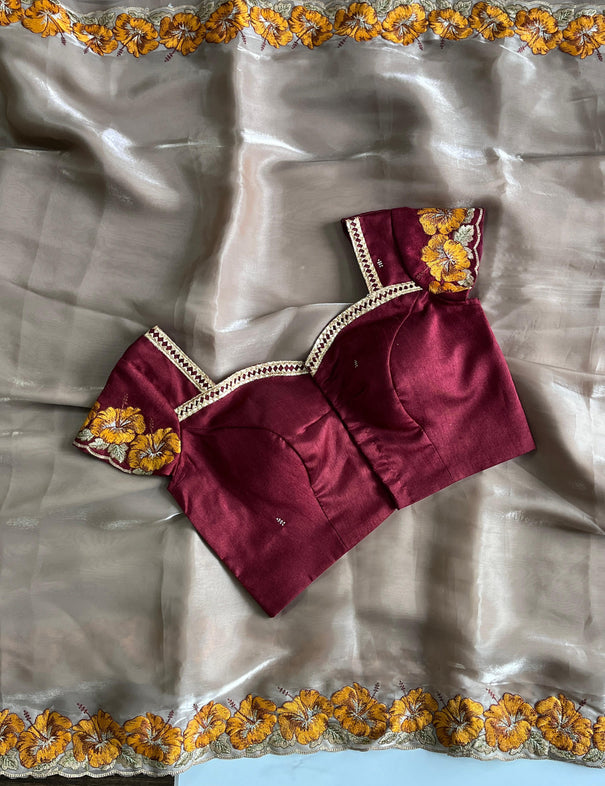 Cream Color Pure Satin Chiffon Katha Flower Work Saree