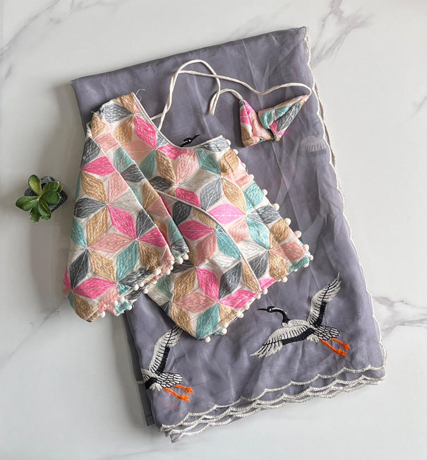 Pure Tabi Silk Swan Design With Butterfly Design Saree