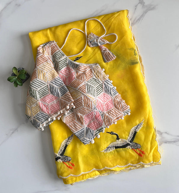 Pure Tabi Silk Swan Design With Butterfly Design Saree