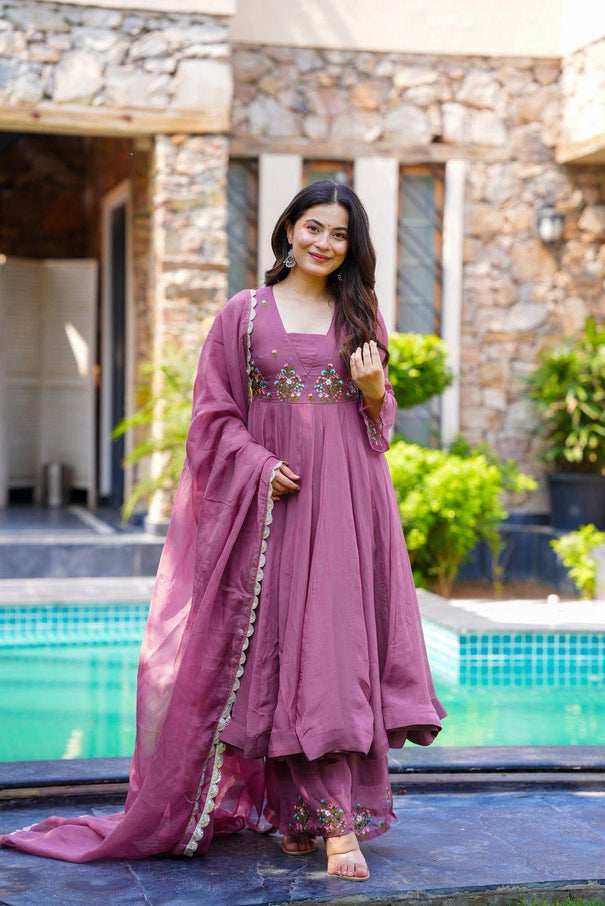 Pink Color Foux Georgette Embroidery Work Gown