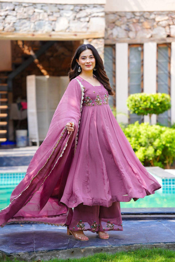 Pink Color Foux Georgette Embroidery Work Gown
