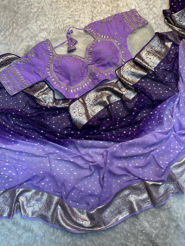 Purple Color Viscos Gorgette Banarasi Work Saree