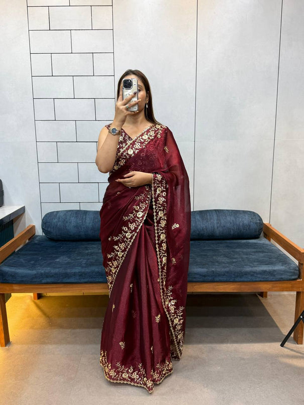 Fendy Chifron With Embroidery Sequience Work Saree