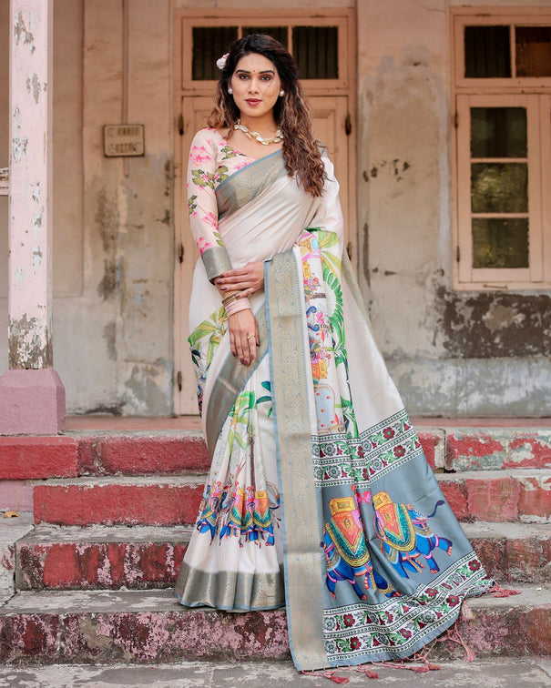 Breautifull White Color Digital Print Work Saree