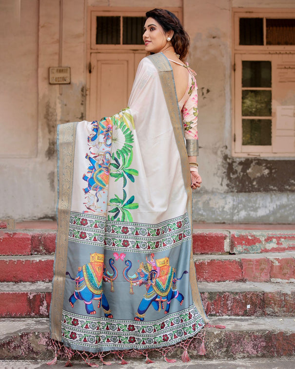 Breautifull White Color Digital Print Work Saree