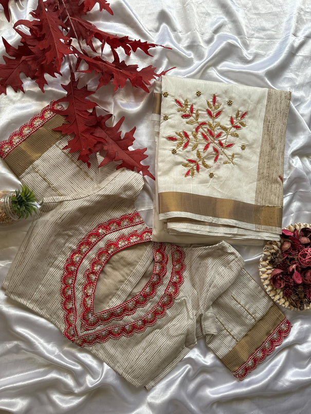 White Color Pure Khadi Handwork Saree