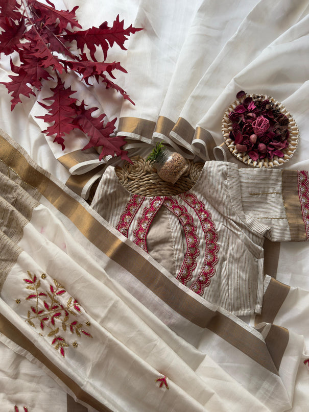 White Color Pure Khadi Handwork Saree