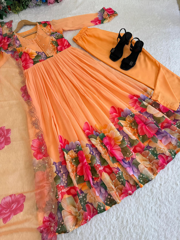 Beautifull Flower Work Georgette With Hand Work Gown