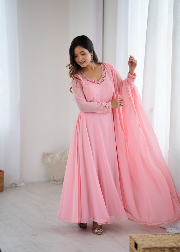 Pink Color Hand Work Georgette Gown