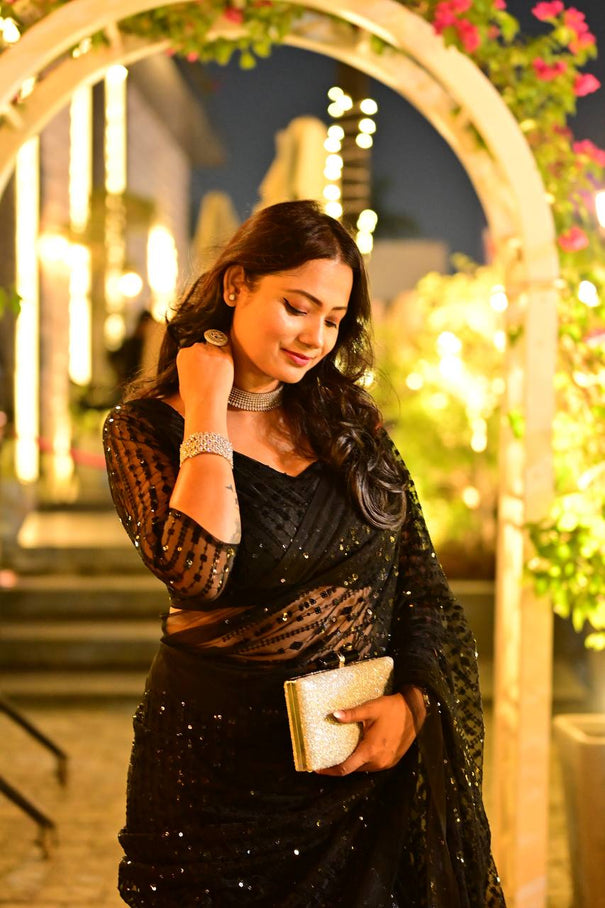 Black Net Heavy Sequins Thread Work Party Wear Designer Saree