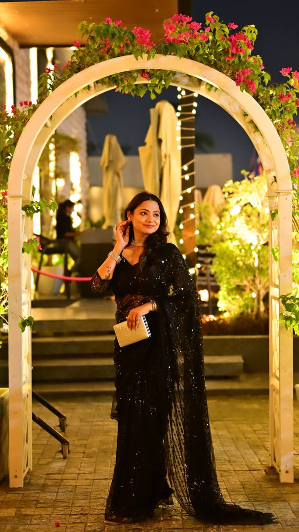 Black Net Heavy Sequins Thread Work Party Wear Designer Saree