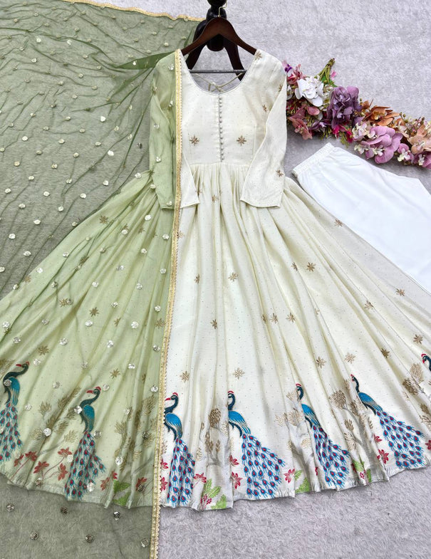 White Color  Pure Dola Silk Embroidery Work Gown