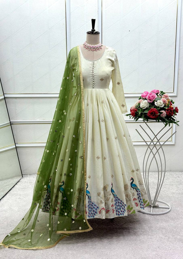 White Color  Pure Dola Silk Embroidery Work Gown