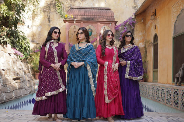 Ruffle 15 Meter Flair Deorgette Gown With Rich Sequence Embroidety Work Dupatta