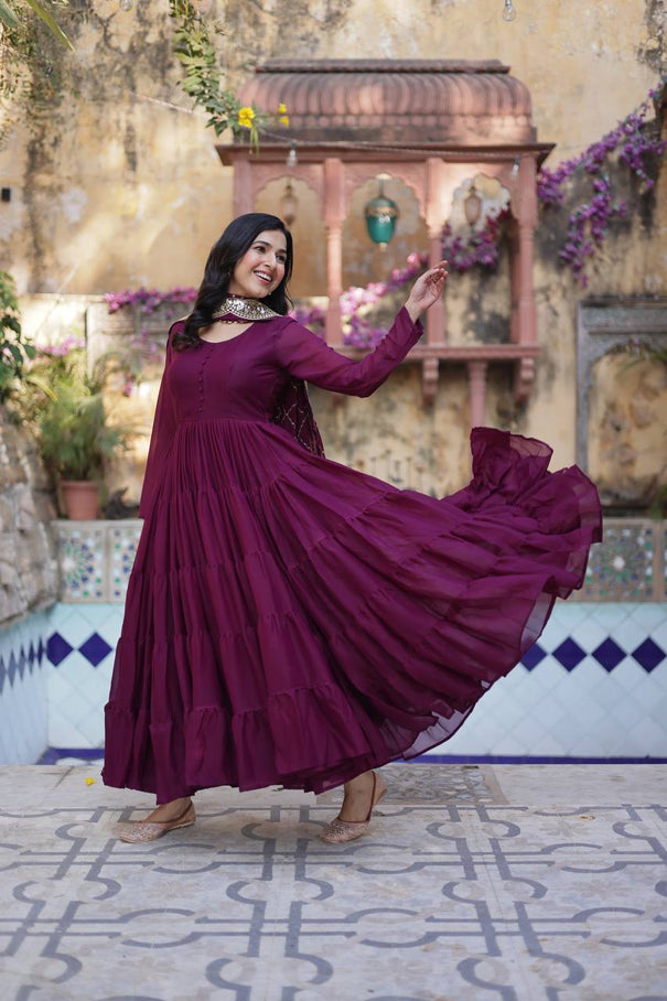 Ruffle 15 Meter Flair Deorgette Gown With Rich Sequence Embroidety Work Dupatta