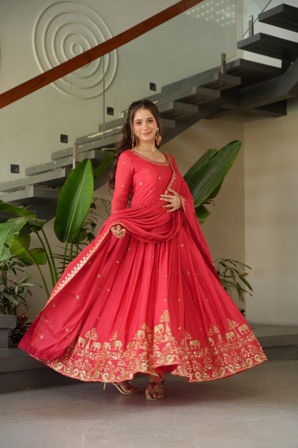 Red Color Embroidery Sequence With Zari Work Gown