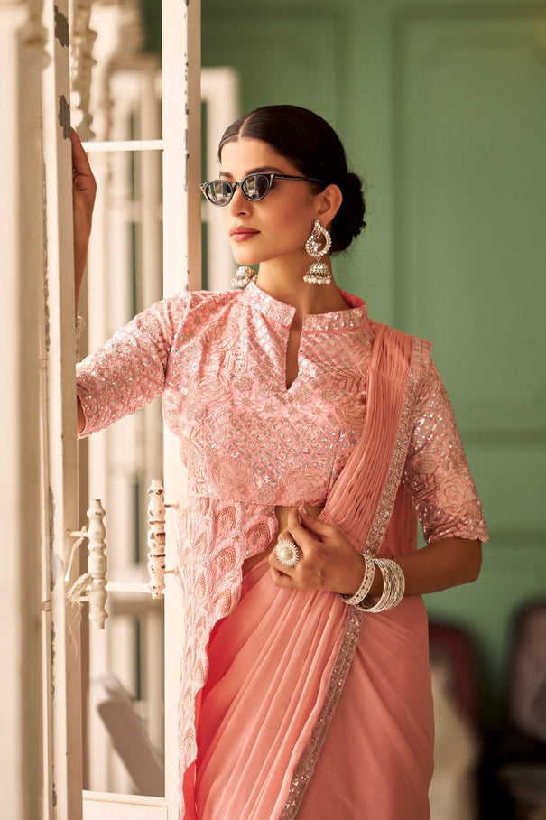 Chinon Embroidery Work Ready To Wear Saree