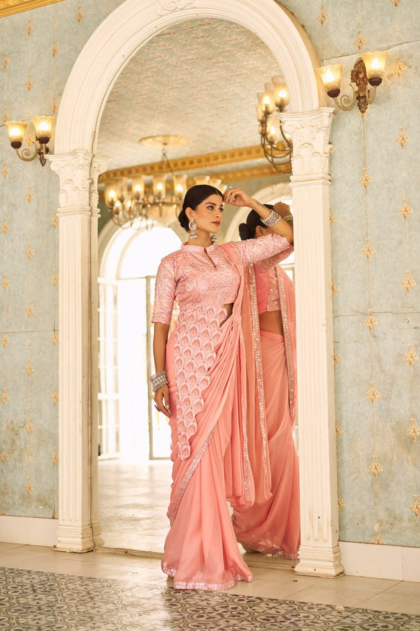 Chinon Embroidery Work Ready To Wear Saree