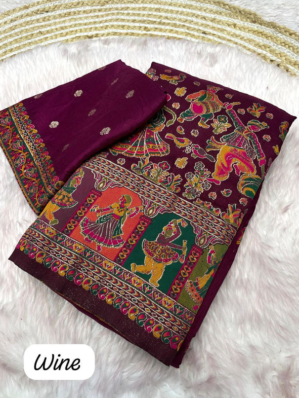 Pure and Soft Rajwadi Pashmina Silk Weaving Saree With Kashmiri Thread Saree