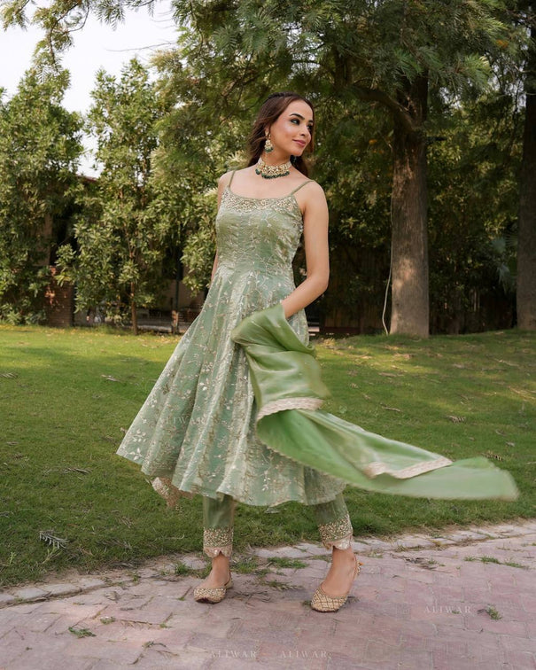 Pista Color Fandy Silk Embroidery Work Gown
