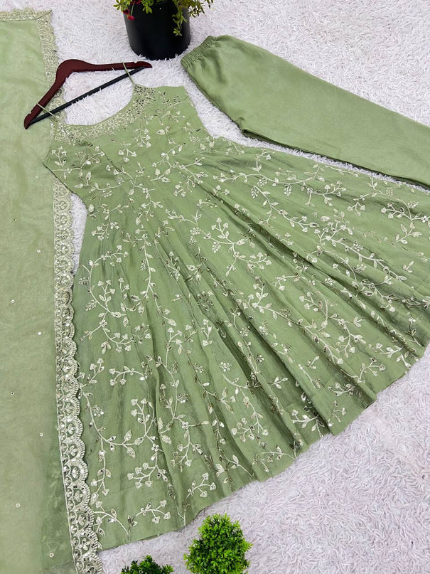 Pista Color Fandy Silk Embroidery Work Gown