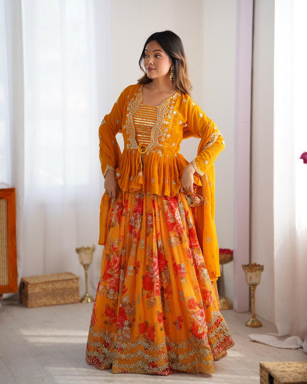 Foux Georgette With Digital Print And Thread With Sequence Work Lehenga
