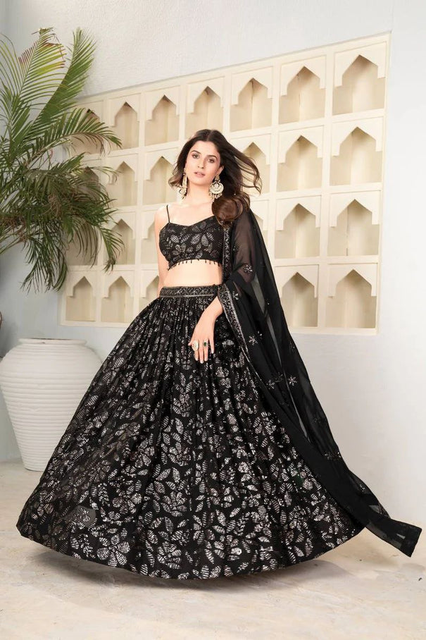 Net Sequinned and Embroidered Flared With Premium Georgette Embellished Lehenga