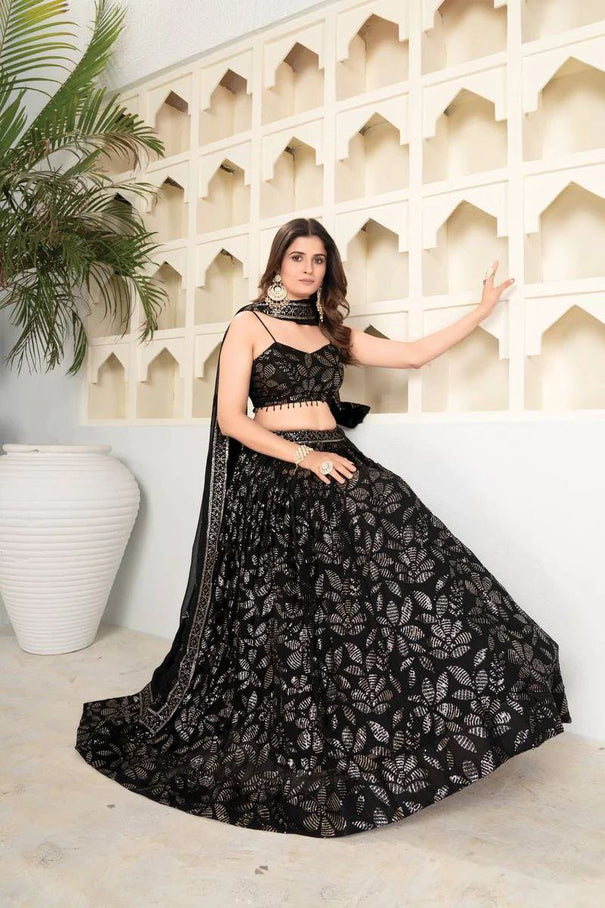 Net Sequinned and Embroidered Flared With Premium Georgette Embellished Lehenga