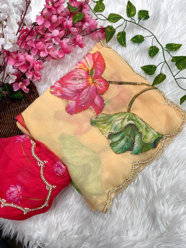 Yellow Color Georgette With Printed Hand Work Saree