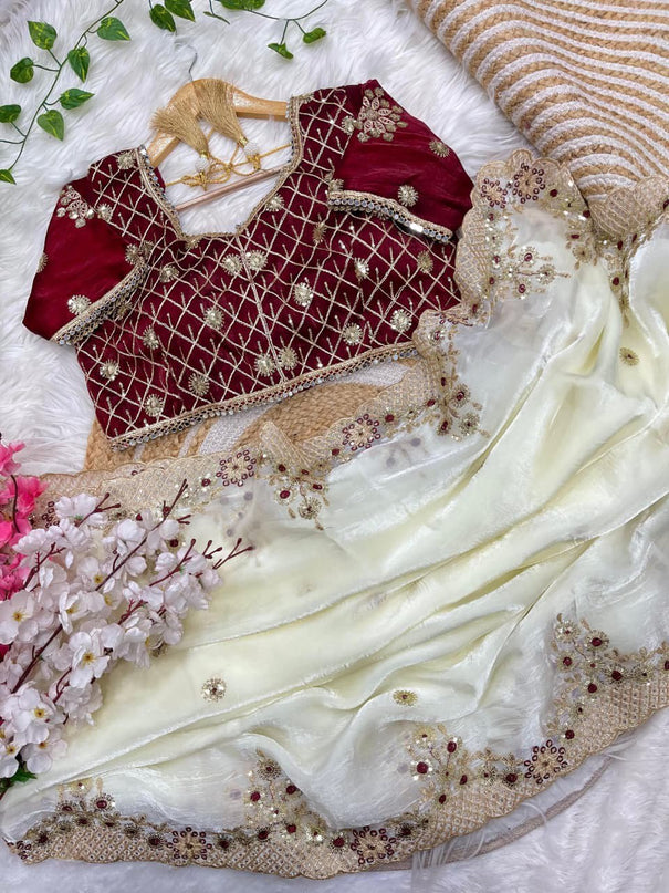 Fendy Sartin Silk With BEautifull Embroidery Work Saree