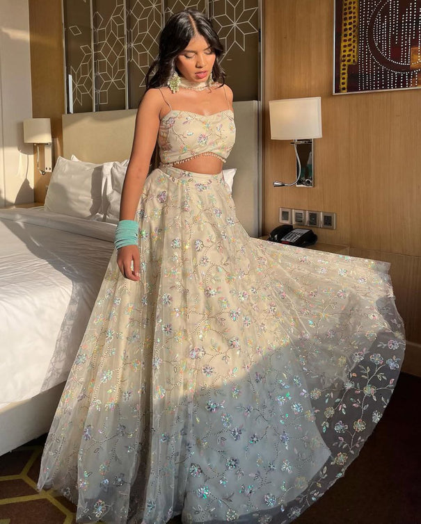 Multi-Sequins & Thread Work Embroidery Net Semi-Stitched Lehenga