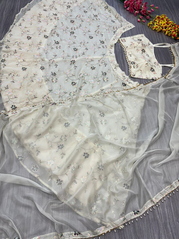 Multi-Sequins & Thread Work Embroidery Net Semi-Stitched Lehenga
