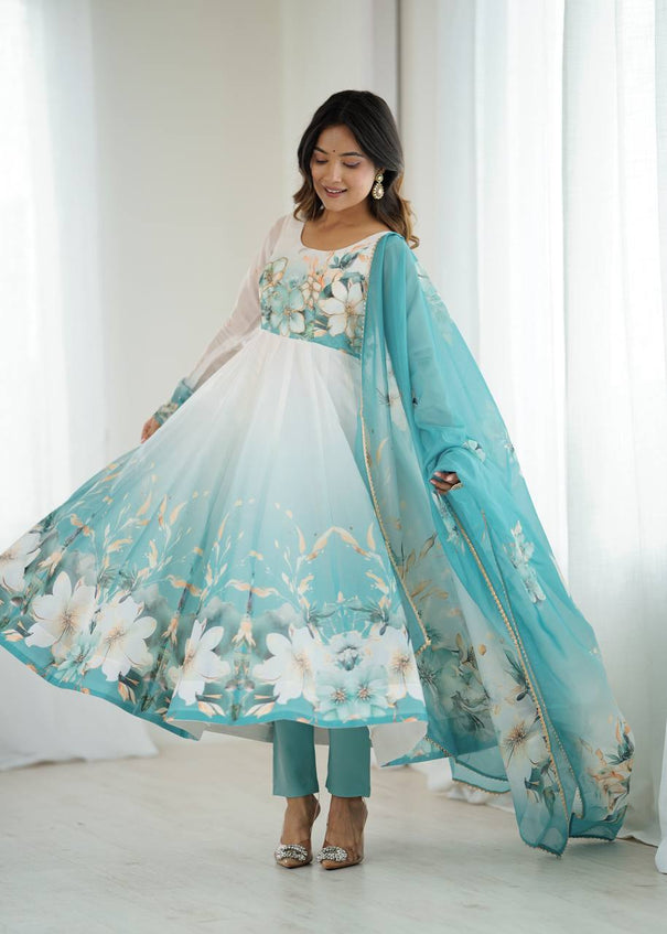 Sky Blue Color Organza Silk With Flower Work Gown