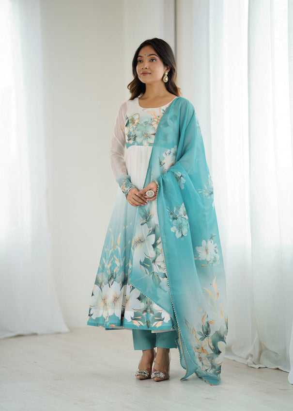 Sky Blue Color Organza Silk With Flower Work Gown