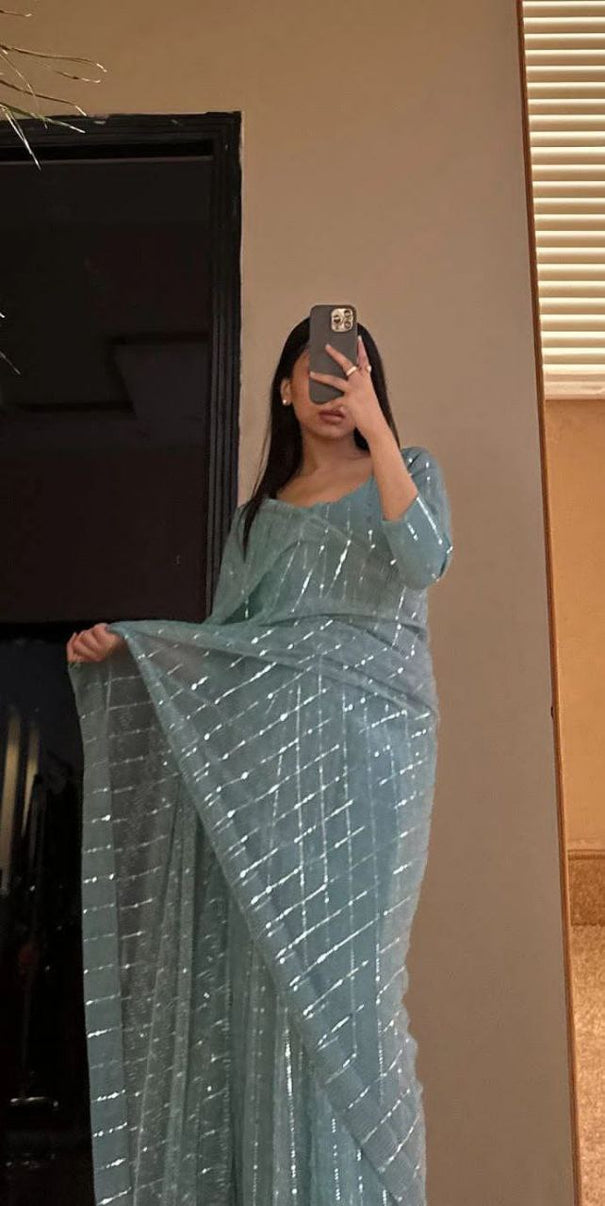 New Premium Look Imported Net Tikki Work Saree