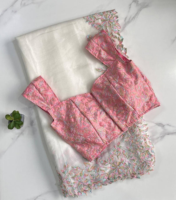 Rich Soft Tabi Color Full Embroidery Panel Work Saree