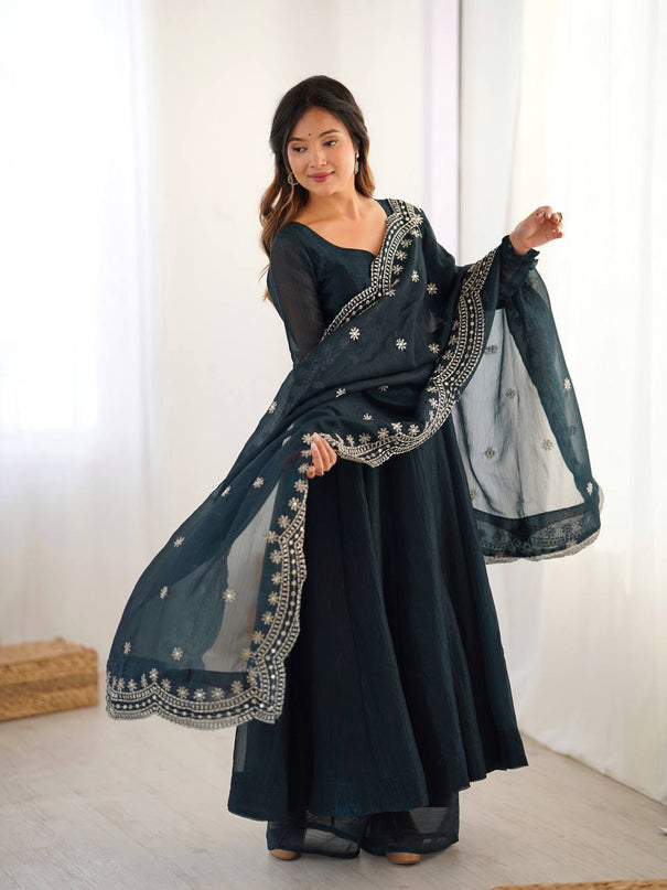 Elegant Heavy Fandy Silk Gown Set with Embroidered Dupatta