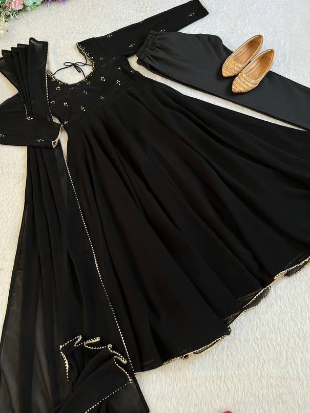 Black Color Georgette Hand Mirror Embroidery Work Gown