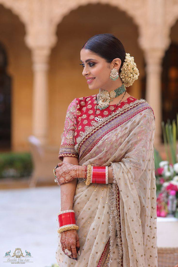 Beige Color Soft Twil Net Sequience Work Saree