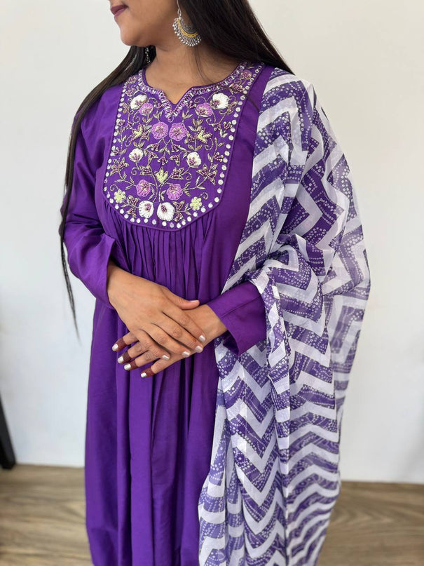 Purple Color Muslin Silk Hand Work Gown