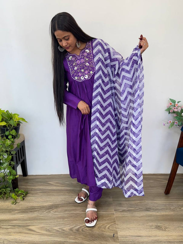 Purple Color Muslin Silk Hand Work Gown