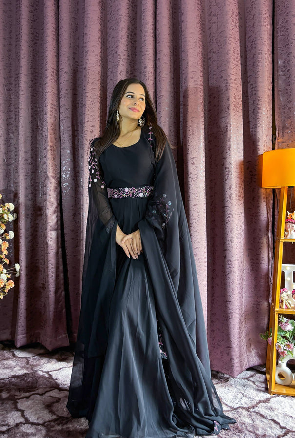 Black Color Georgette Sequience Dori Work Gown