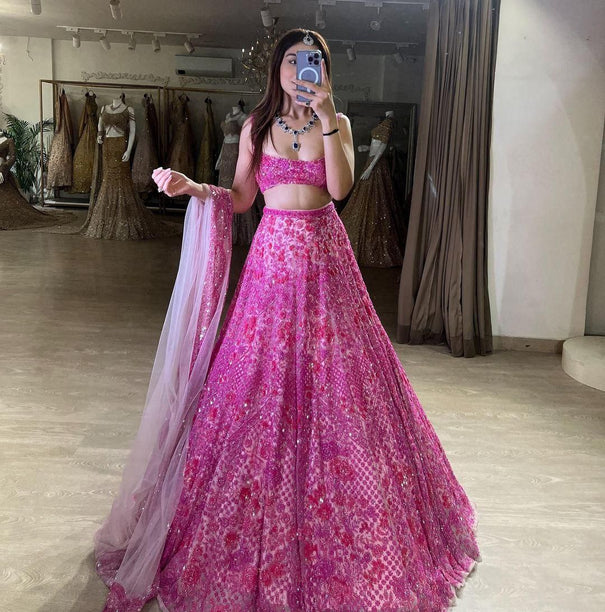 Pink Colour Sequence Emvroidery Work Butterfly Net Lehenga Choli With Coding Sequence Work Dupatta