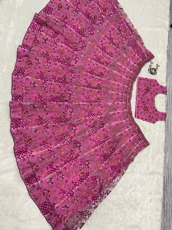 Pink Colour Sequence Emvroidery Work Butterfly Net Lehenga Choli With Coding Sequence Work Dupatta