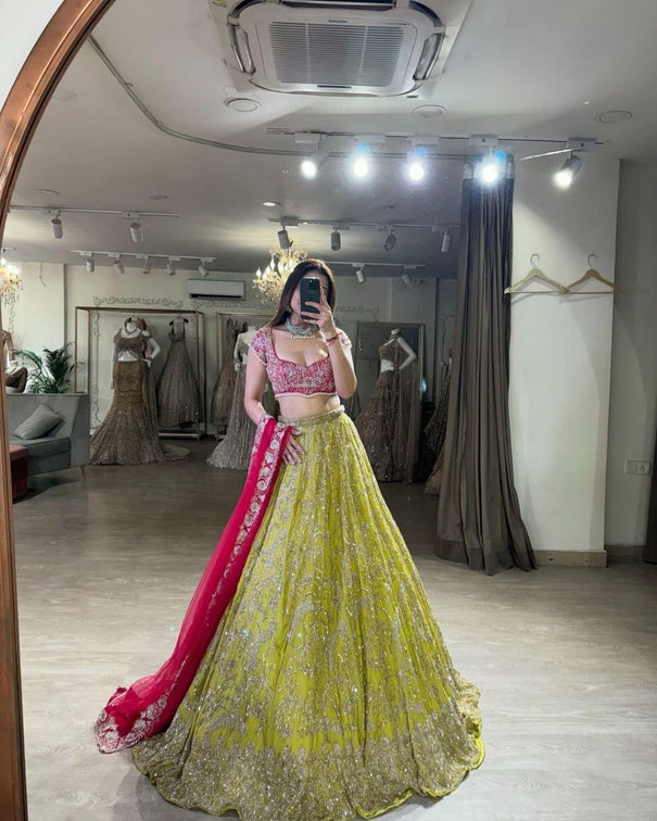 Wedding Season Spcial Green Shimmer Dori And Heacy Sequence Work Lehenga Choli