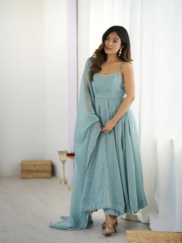Sky Blue Color Crunch Silk Gown