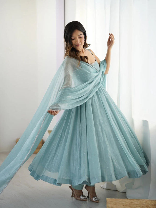 Sky Blue Color Crunch Silk Gown