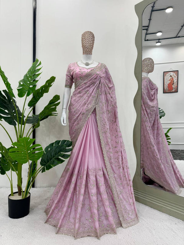 Pink Color Heavy Chinon Silk Thred And Sequence Work Saree With Unstitch Blouse peace