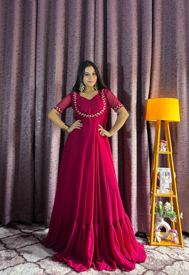 Rani Pink Color Georgette Plain Work Gown