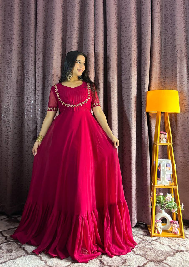 Rani Pink Color Georgette Plain Work Gown